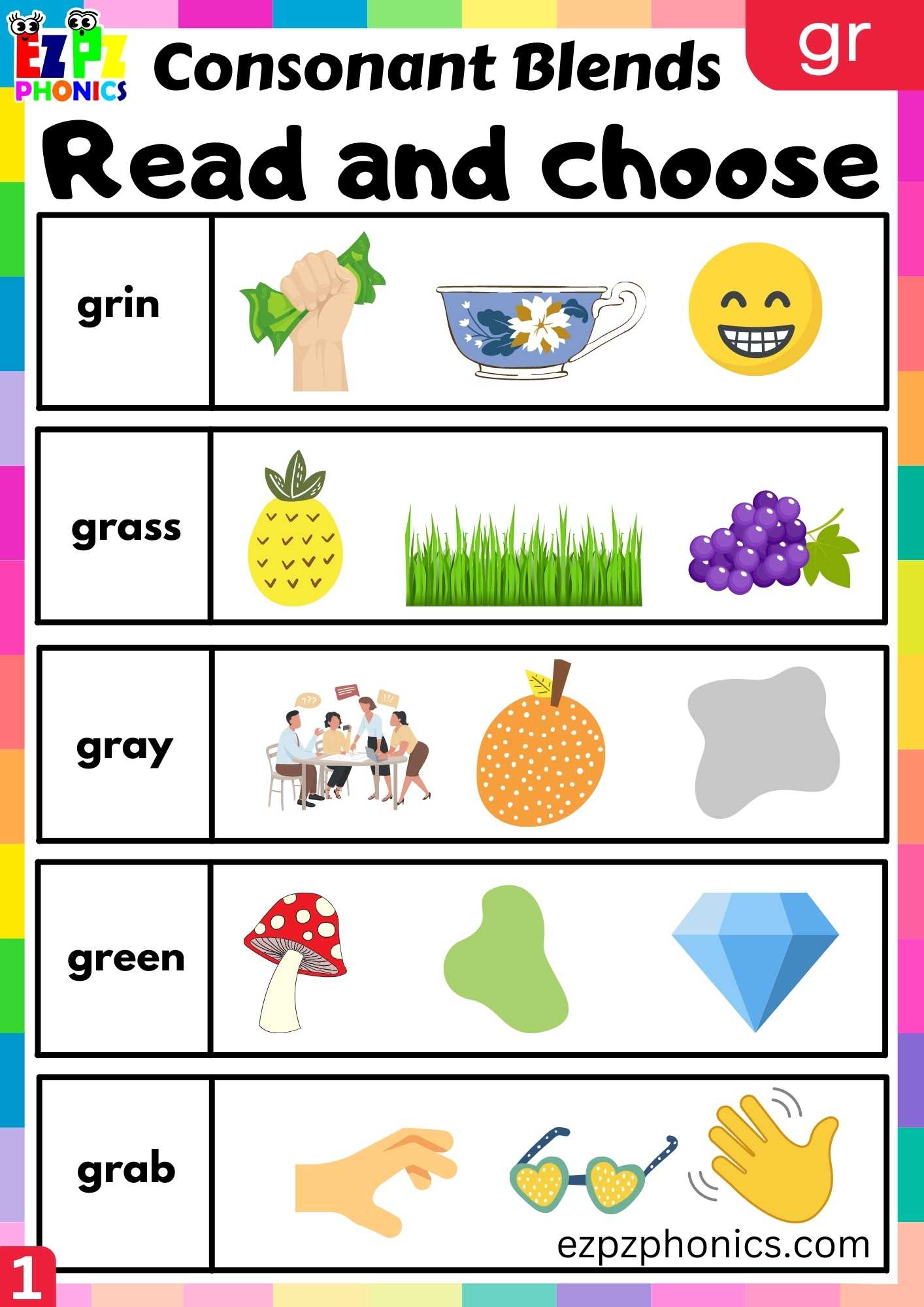 Group Gr Words Read And Choose Phonics Consonant Blends Worksheet